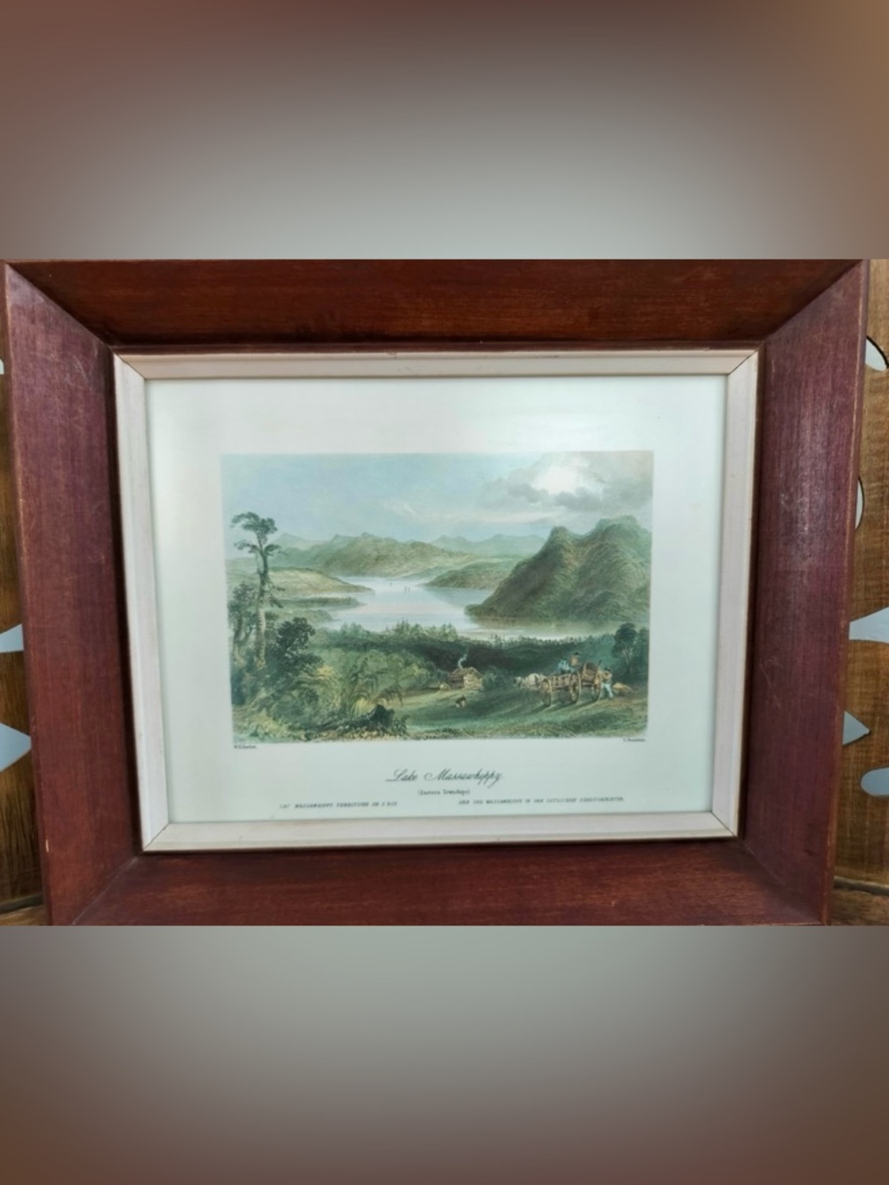 Antique 1840s landscape print "Lake Massawhippy" Quebec by WH Bartlett - Framed